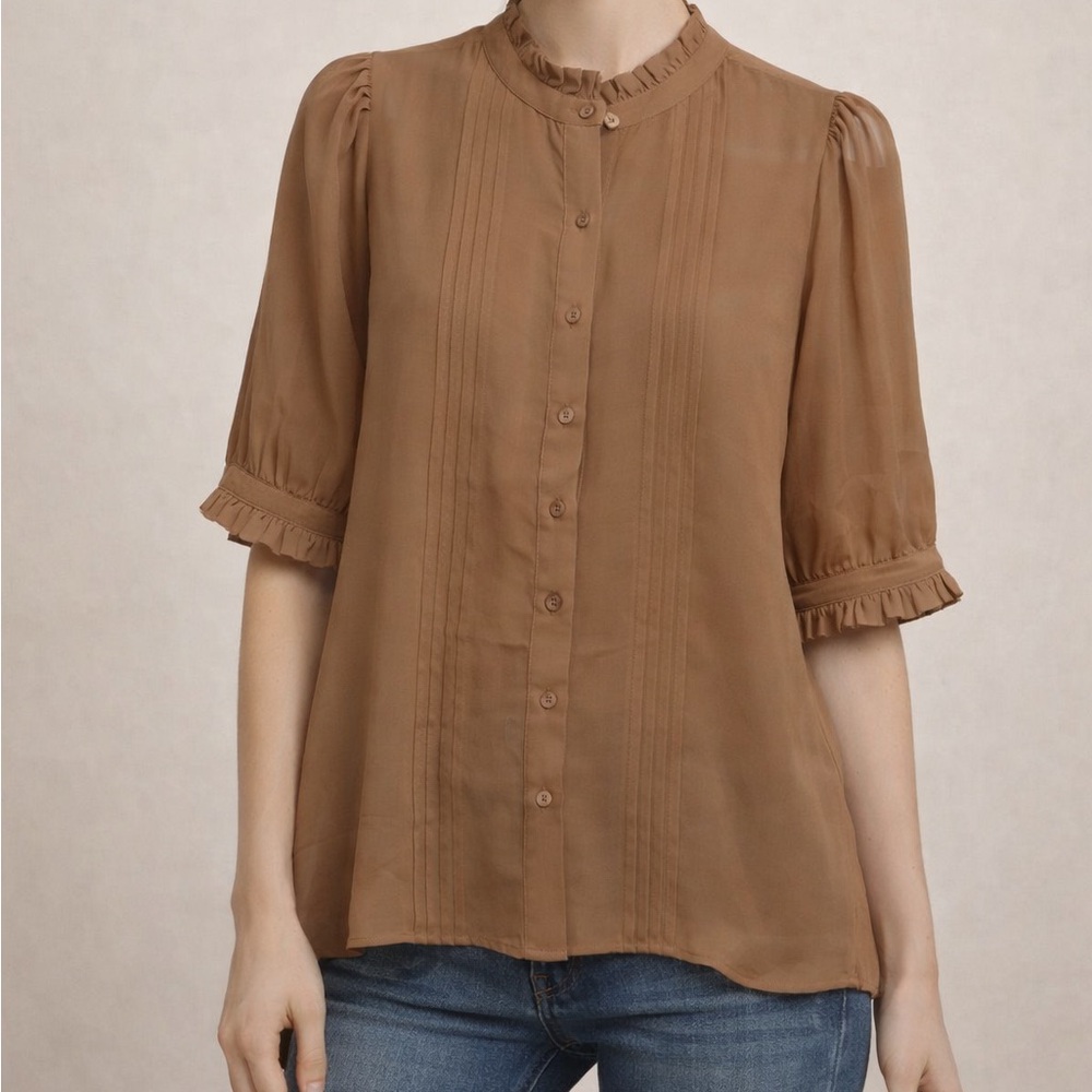 Calvin Klein Ruffle Neck Blouse – Camel Brown | Size S